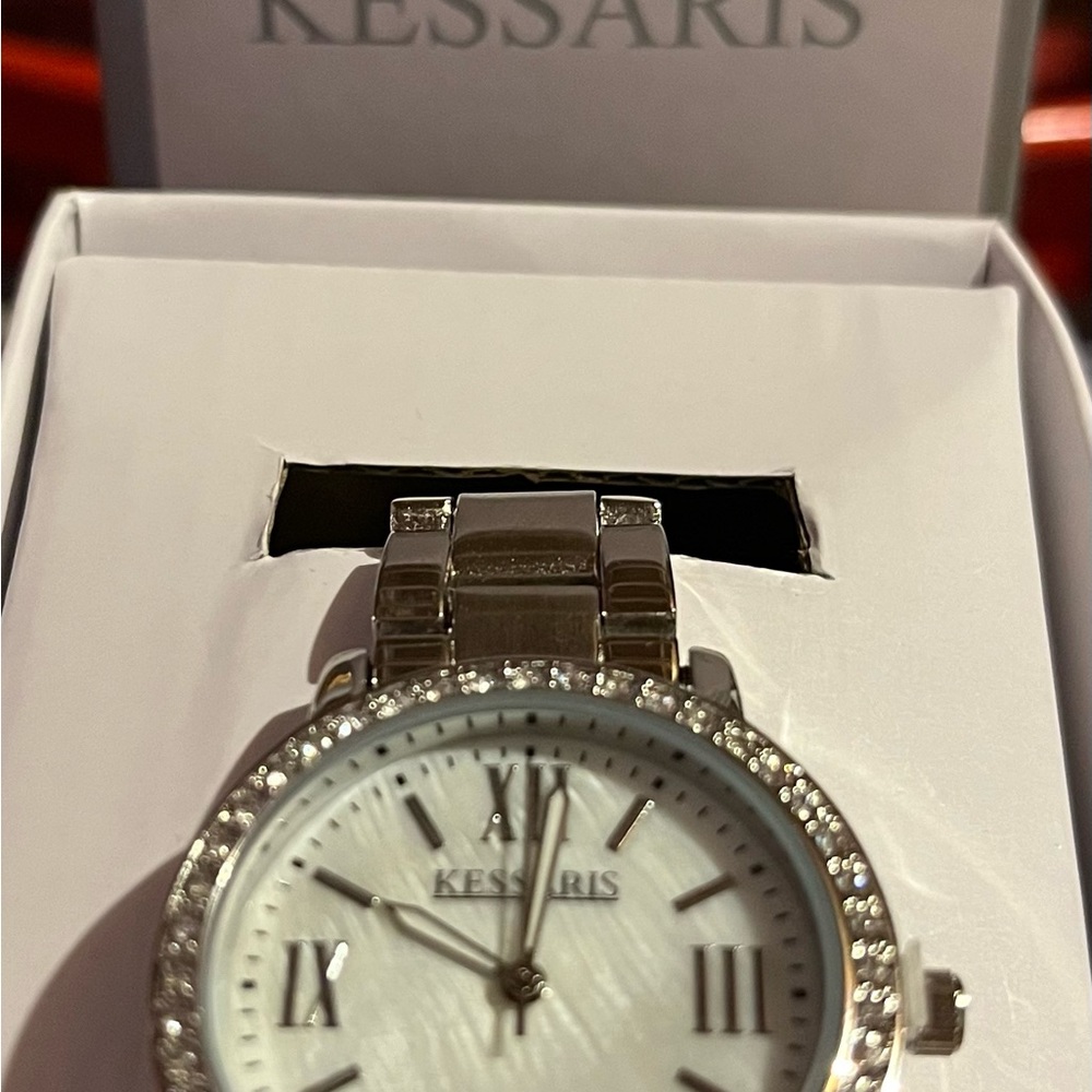 NIB Kessaris Women’s Silvertone Mother Of Pearl Crystal Accent Adjustable Watch